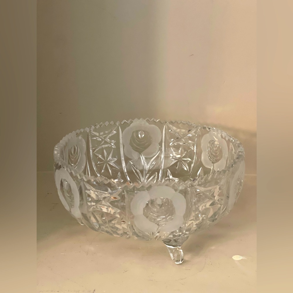 Vintage Leonard Cut Crystal Frosted Rose Sawtooth Rim & Three Footed Bowl Italy